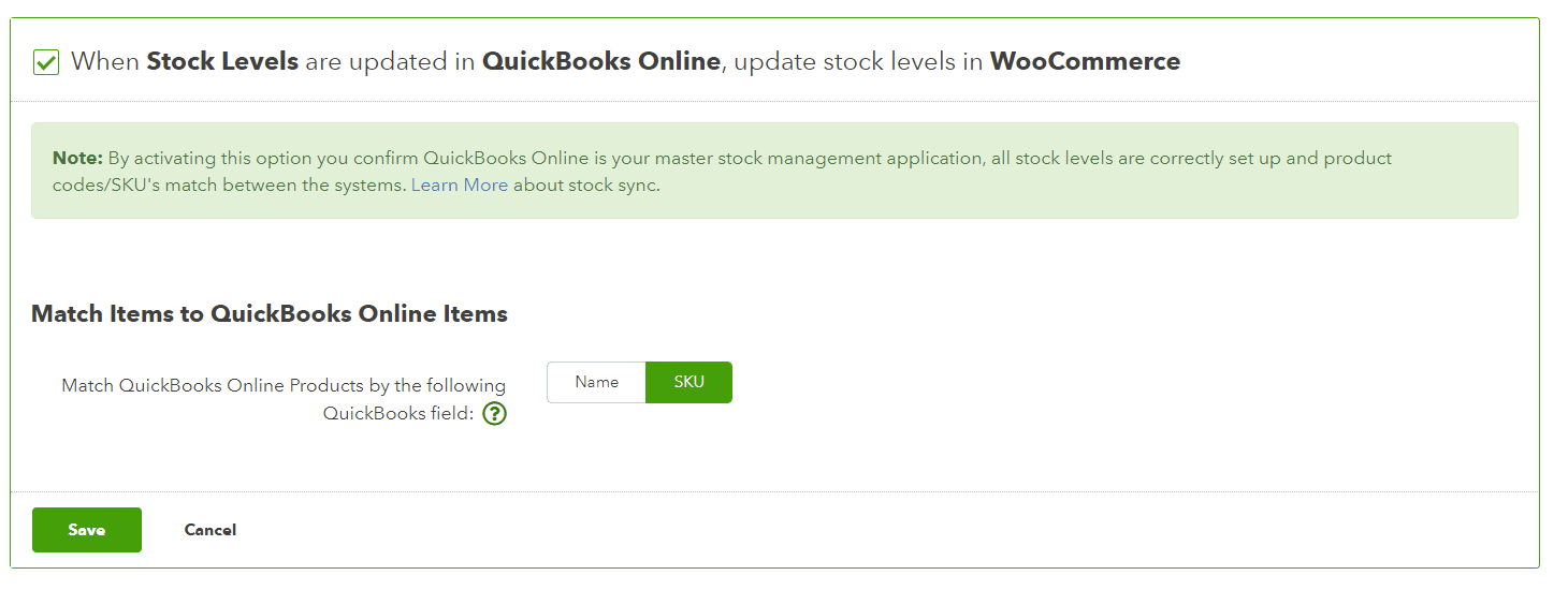 WooCommerce QuickBooks - Stock Levels